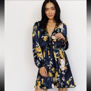 Baltic Born Woodbury Satin Mini Dress Navy Long Sleeve Blue Floral Medium M